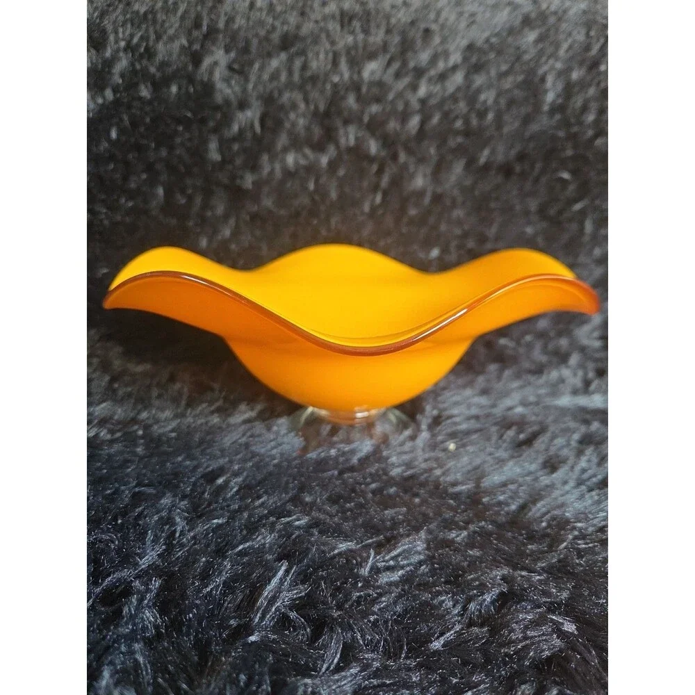 Vtg Teleflora Gift Vibrant Orange Glass Bowl with Ruffled Rim on Clear Pedestal - Picture 2 of 9